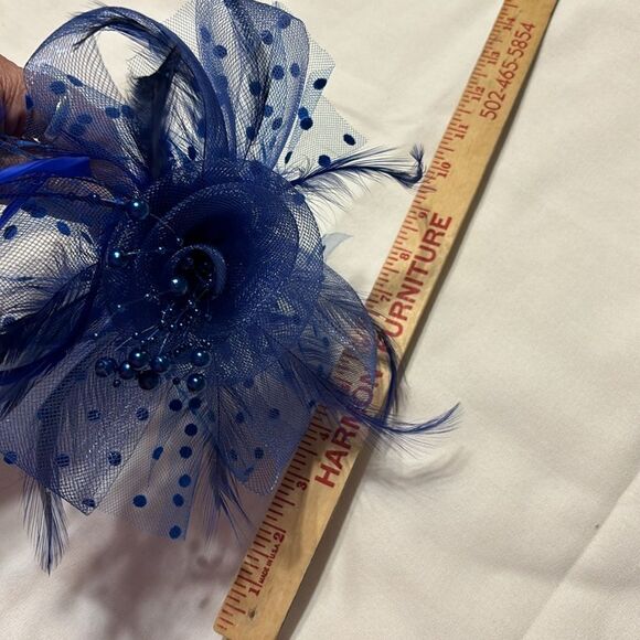 Royal Blue Fascinator w/ polkadot mesh and clip attachment and headband - Picture 8 of 8